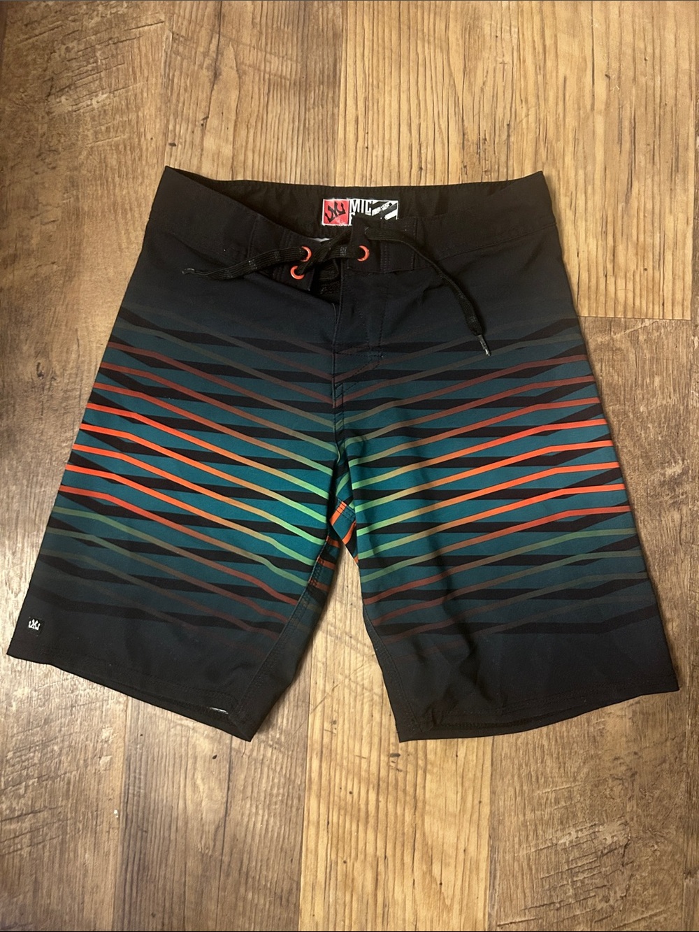 Micros Men’s Black Boardshorts with Red & Green Stripe Gradient